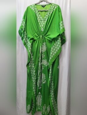 Green Embroidered Drawstring Maxi Kaftan Dress - Women